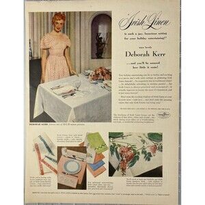 Irish Linen Deborah Kerr says "you will be amazed how little it Costs!" Ad 1951